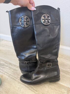 Tory Burch Black Leather Mid-Calf Riding Boots with Logo Medallions 6.5